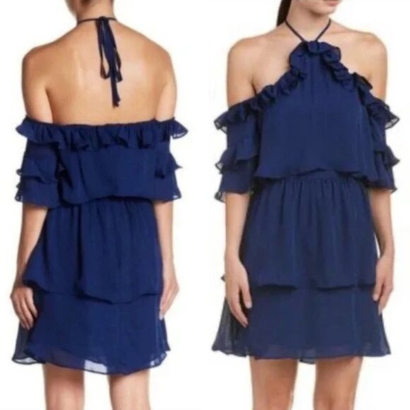 Parker Navy Ruffle Cold Shoulder Tiered Cocktail Dress - Picture 1 of 13